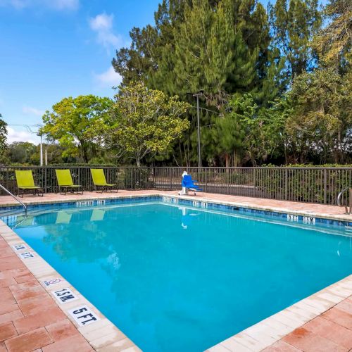 Outdoor swimming pool, blue water, lounge chairs, surrounding trees, clear sky.