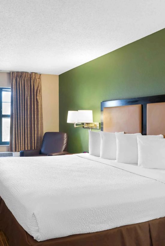 A hotel room with a king-sized bed, TV, armchair, window with curtains, and wall-mounted lamp with green and beige walls, is pictured.