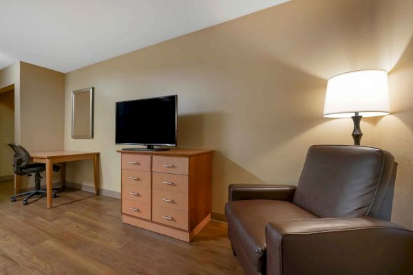 A hotel room with a TV on a dresser, a desk with a chair, a mirror, and a leather armchair next to a lamp.